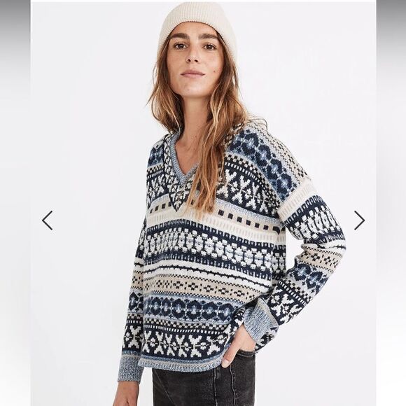 Madewell- Women’s Wool Blend Forrest Fair Isle V-Neck Sweater, Size Small - Picture 5 of 13
